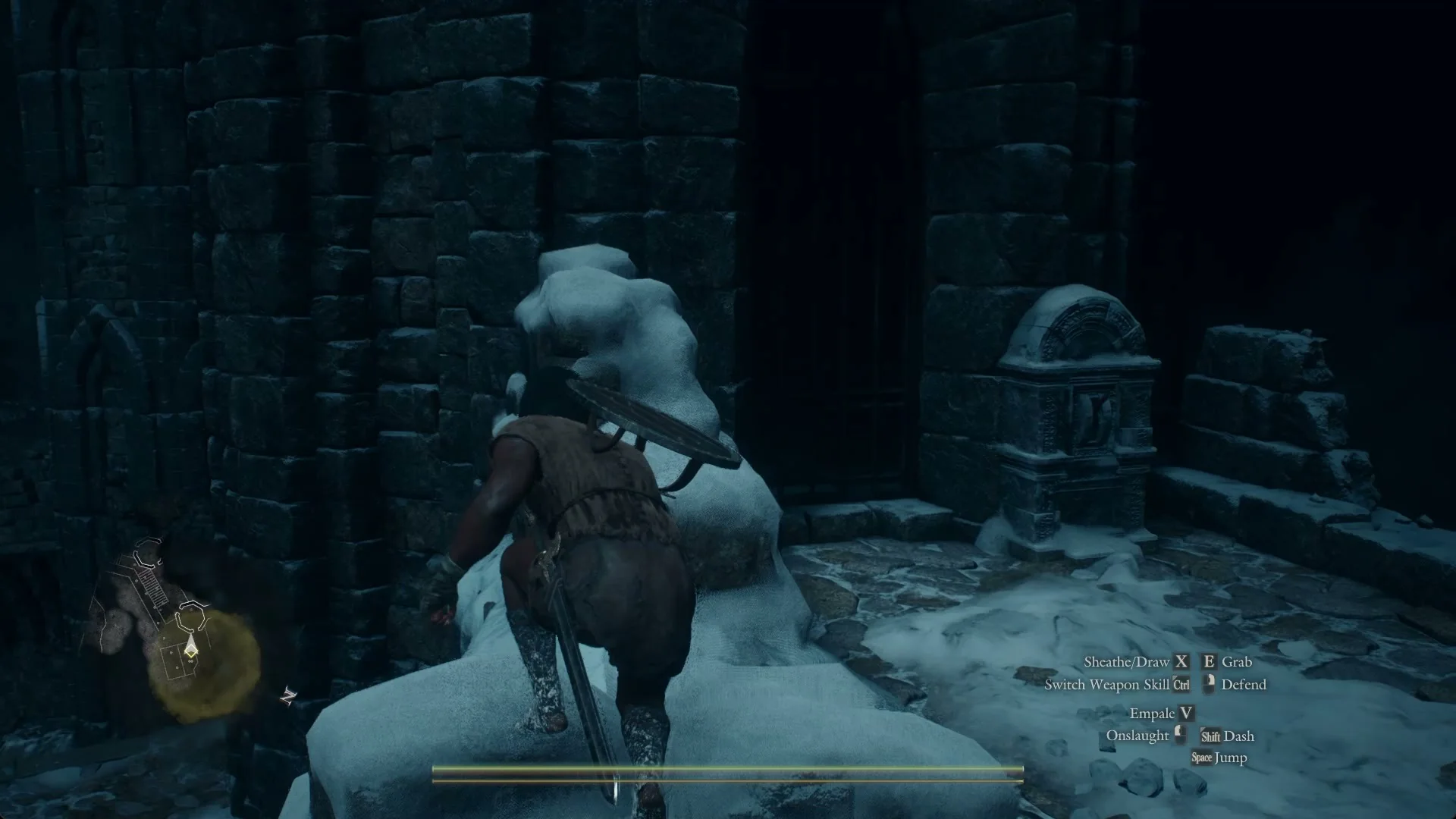 The Arisen climbing over snow-covered stone blocks on the battlement above the second raised ladder