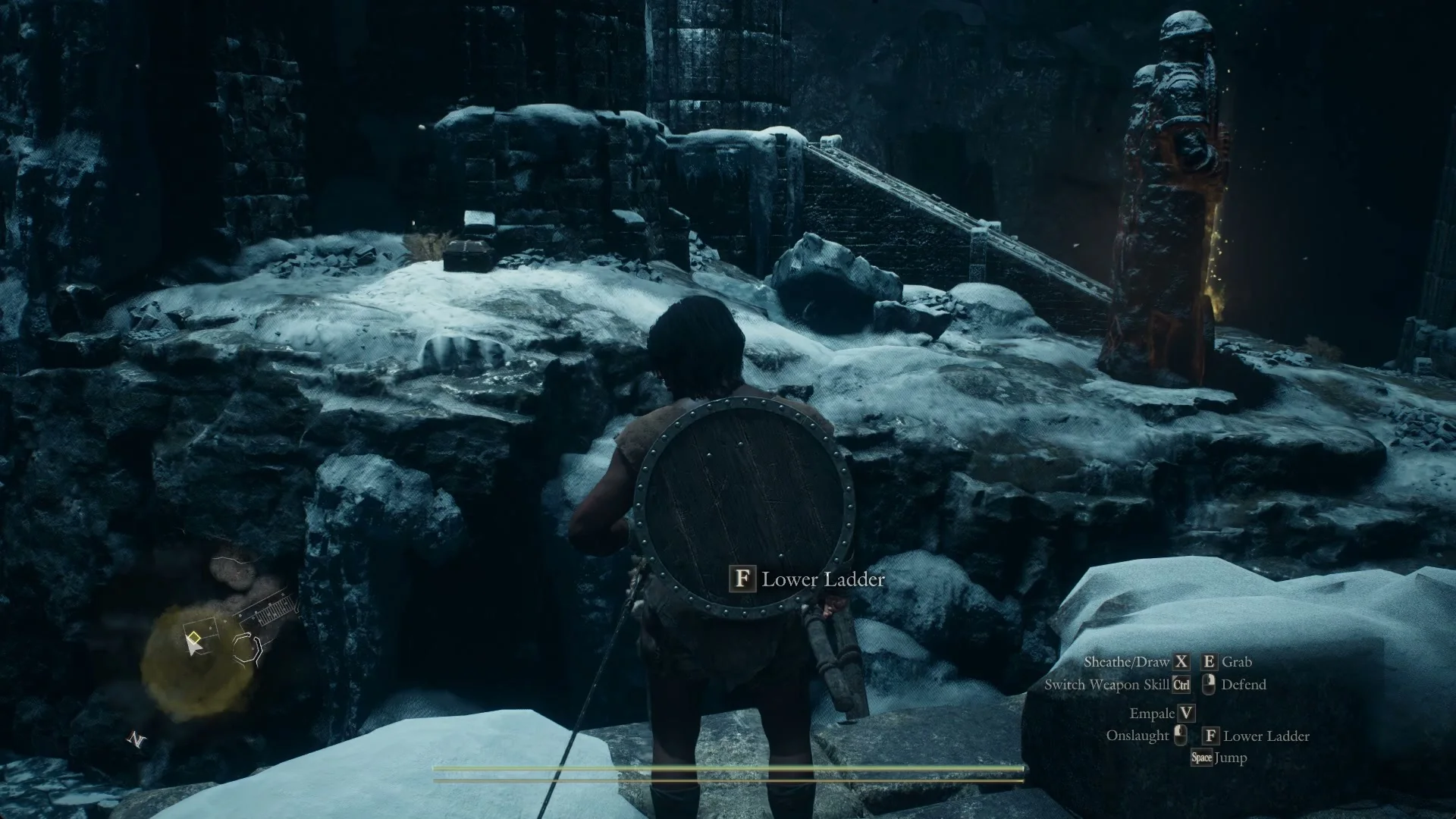 The Lower Ladder prompt on the wall top at the first raised ladder, with a lit statue and a stair across the gap