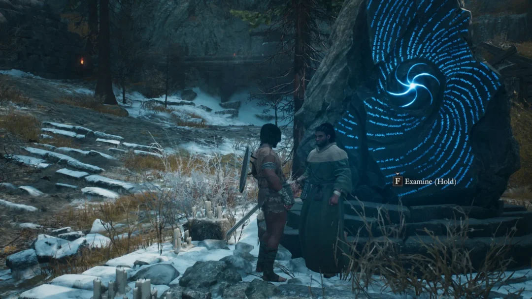The main pawn standing beside the Arisen at the spiral-marked Grand Riftstone of Norgan by day
