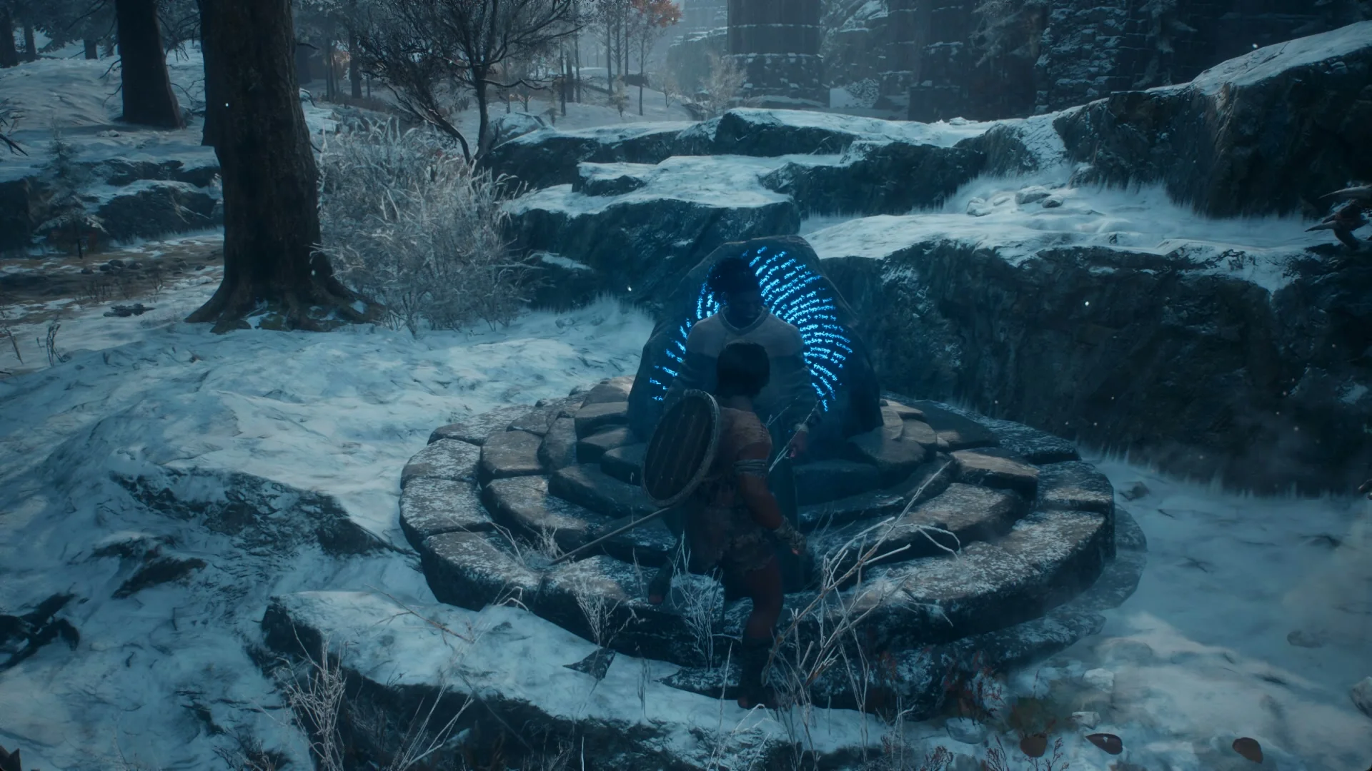 The main pawn stands in front of the rune-covered riftstone in the snow, facing the Arisen