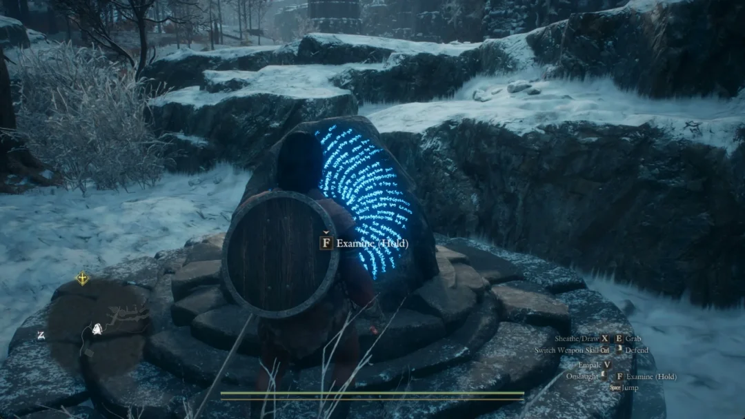 Examine (Hold) prompt on a low round riftstone covered in glowing blue runes, on a ring of stone steps in the snow