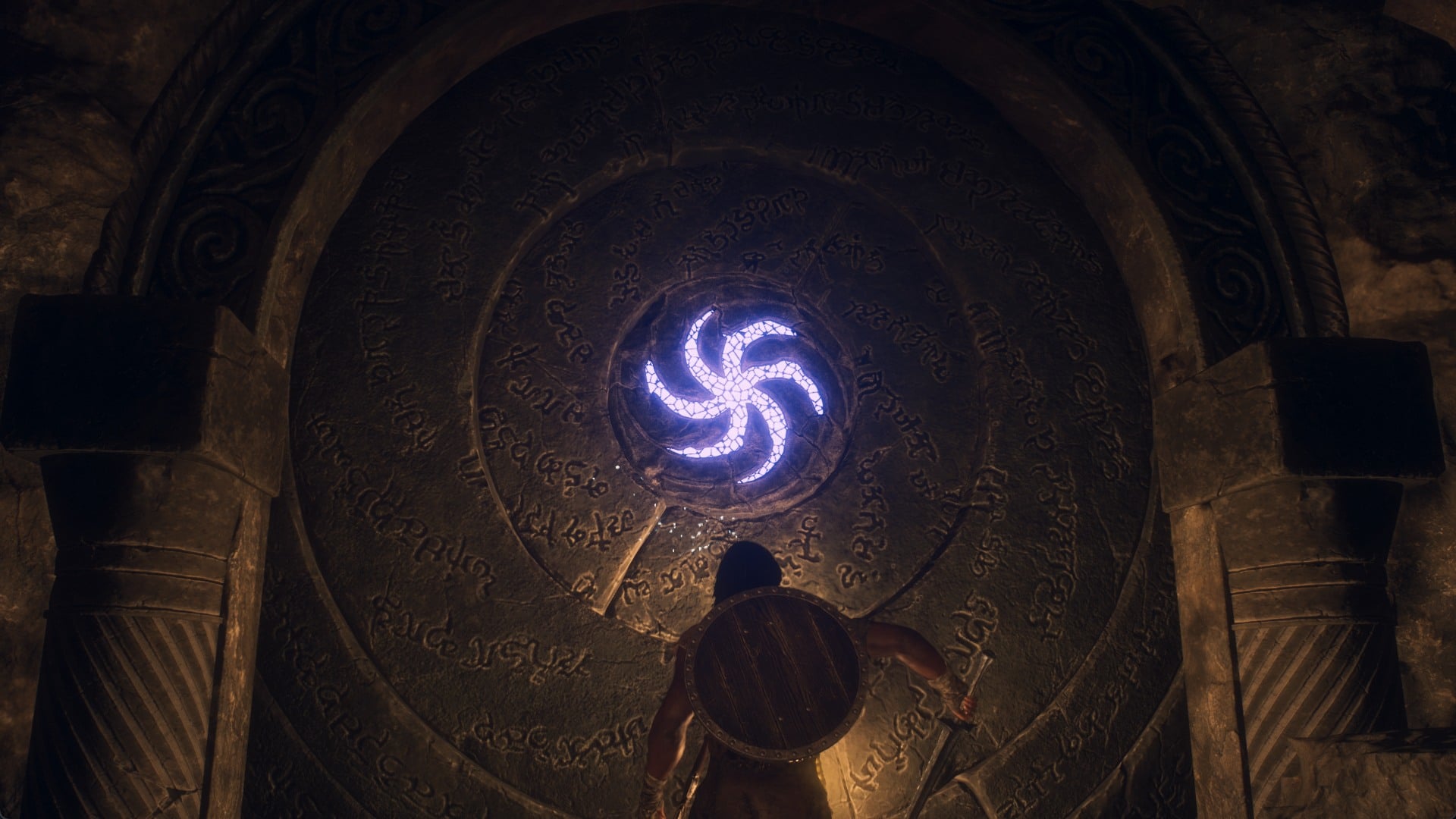 The Arisen facing the Molten Gauntlet's round rune door with its spiral mark glowing white-blue