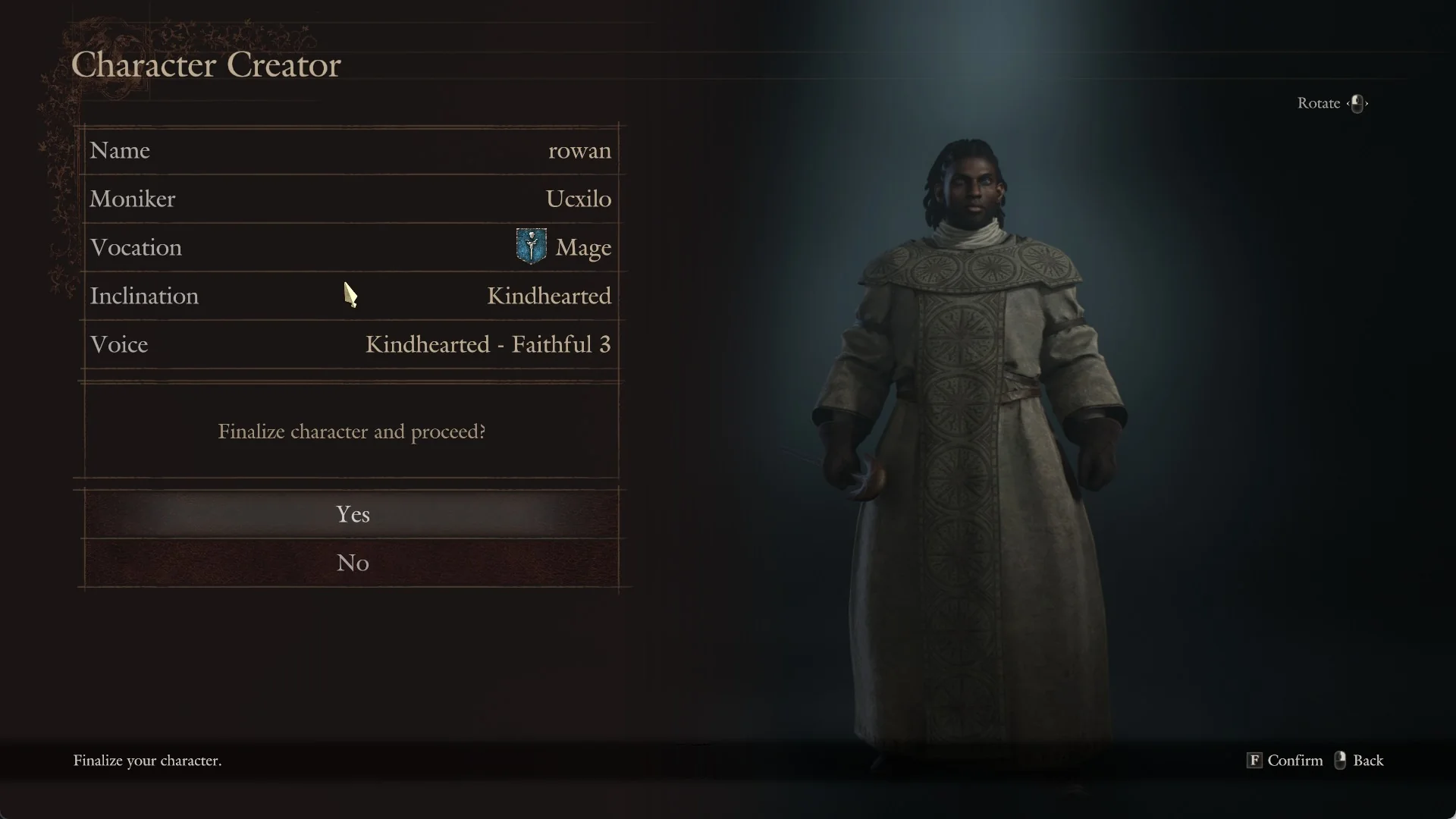 The last Character Creator panel with Name, Moniker, Vocation, Inclination and Voice rows above the question Finalize character and proceed, with Yes and No
