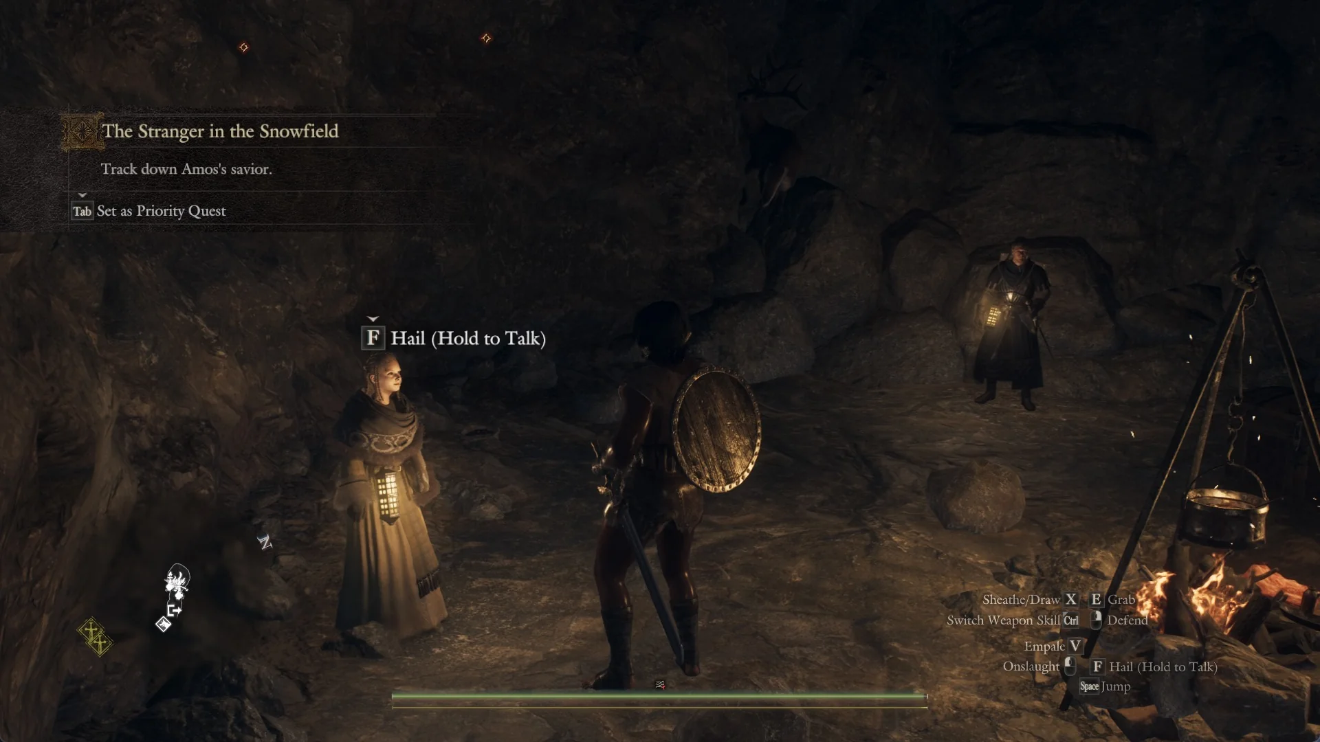 Quest banner The Stranger in the Snowfield, Track down Amos's savior, with the hint Tab Set as Priority Quest under it