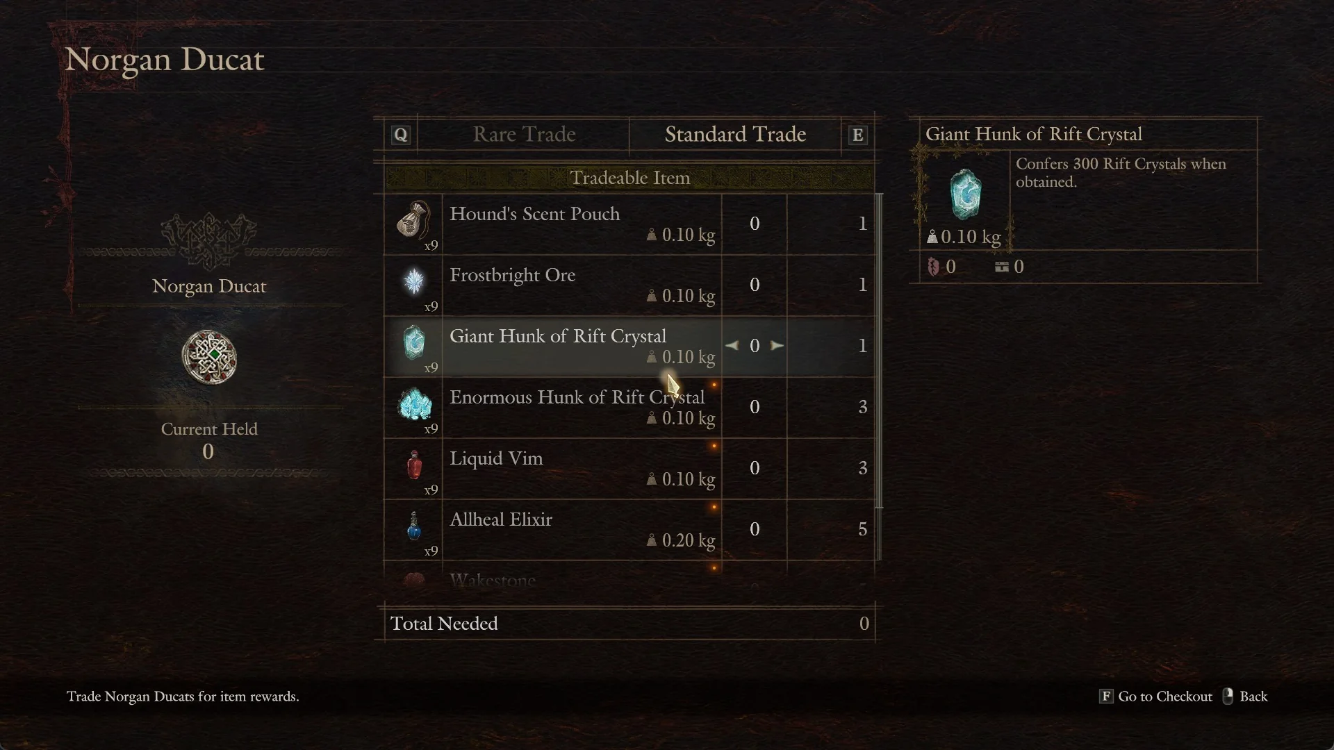 Norgan Ducat screen on the Standard Trade tab with Giant Hunk of Rift Crystal selected: Confers 300 Rift Crystals when obtained
