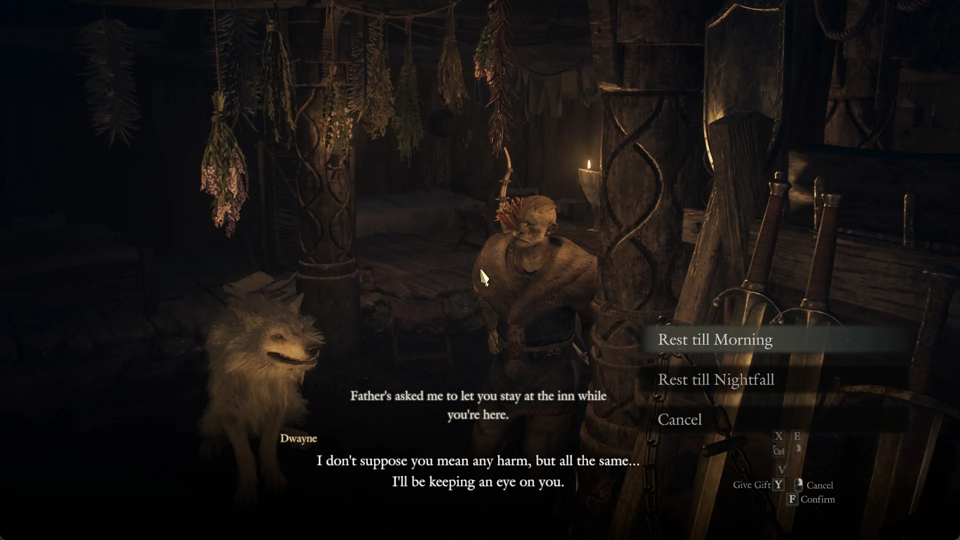 Dwayne in the Norgandian Inn with the choices Rest till Morning, Rest till Nightfall and Cancel