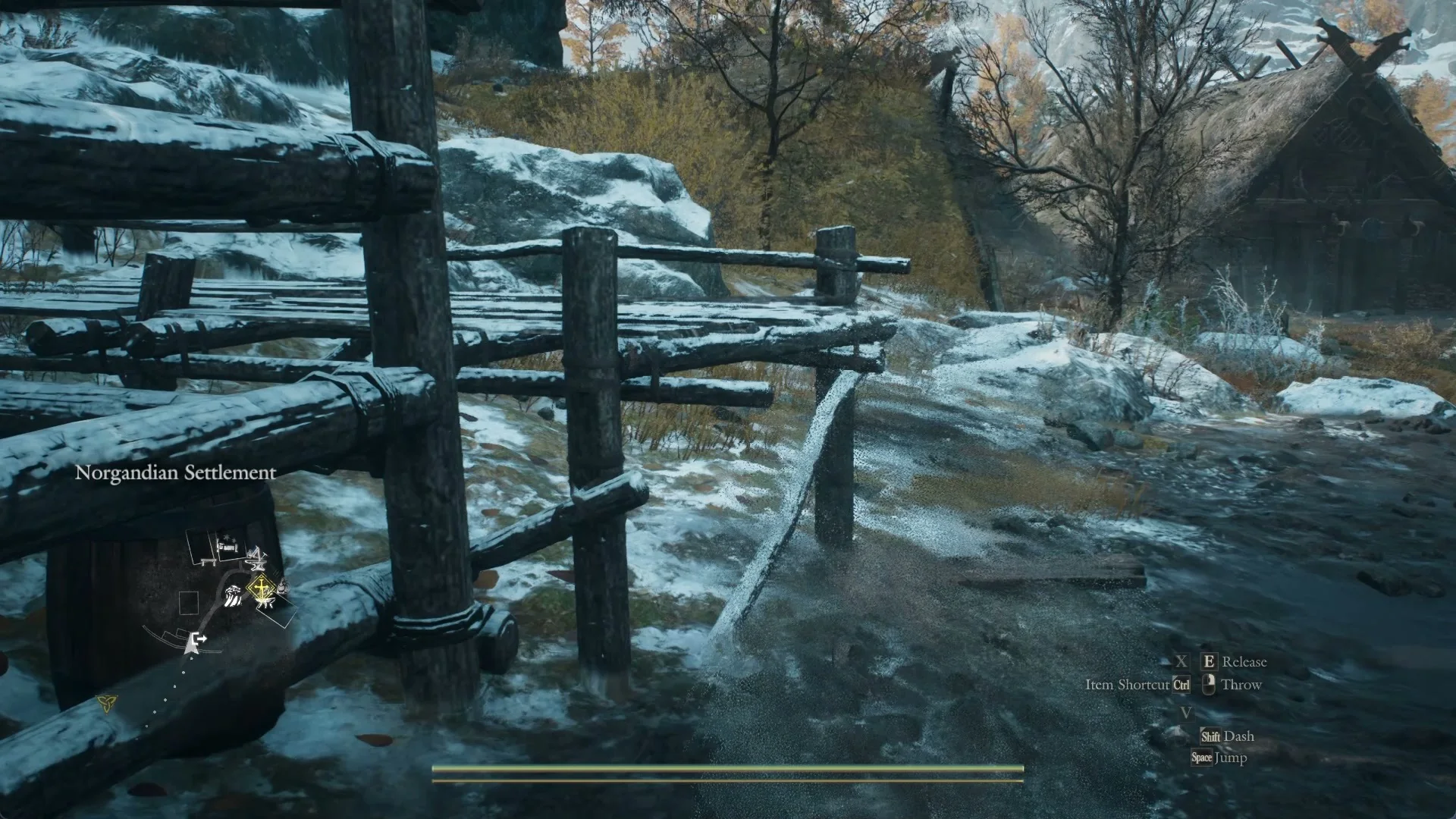 The area name Norgandian Settlement on screen just inside the palisade of the south gate