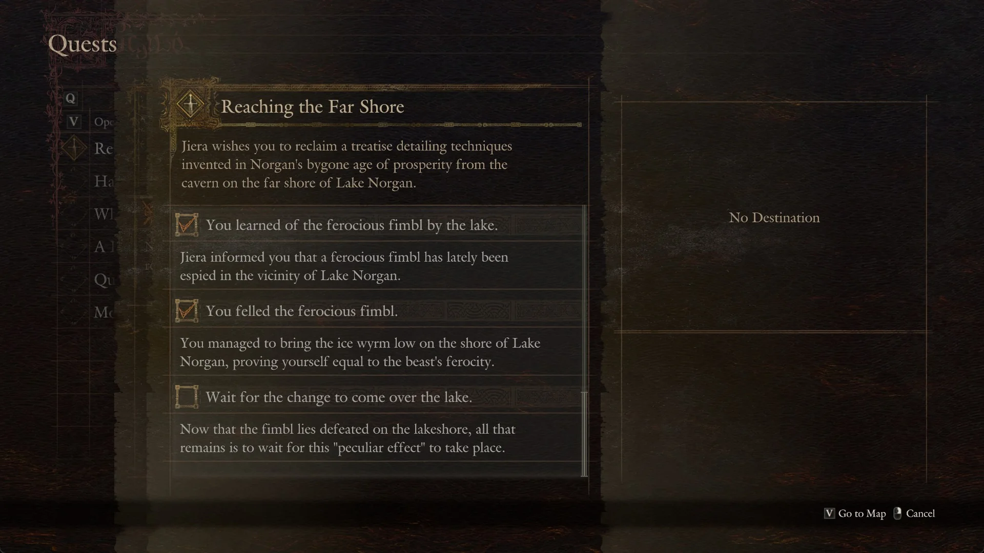 The details page of Reaching the Far Shore showing the open task line Wait for the change to come over the lake with its text