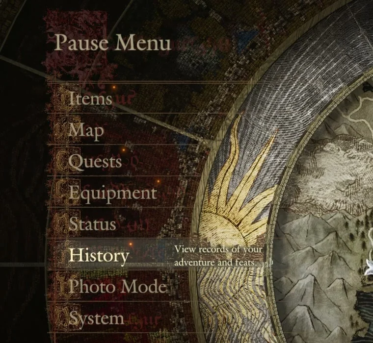 The Pause Menu with History highlighted and its help text View records of your adventure and feats