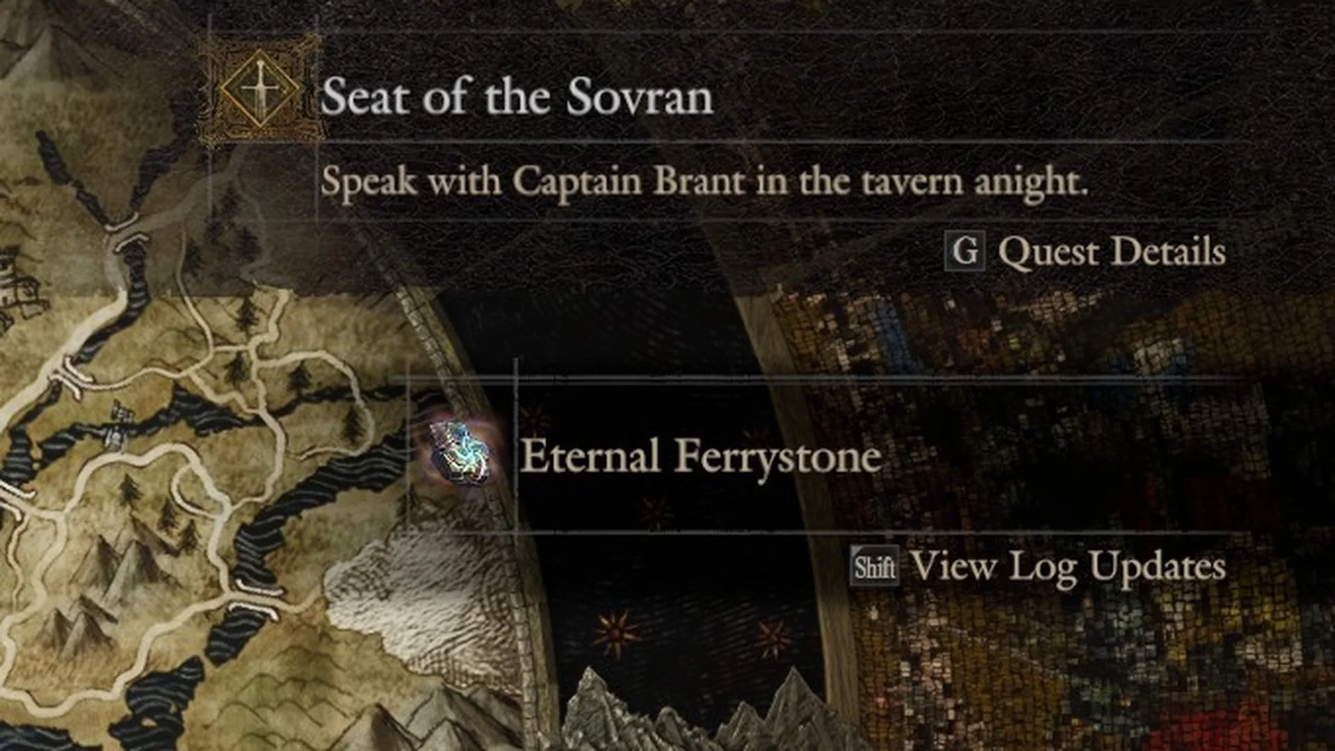 Pause Menu showing the quest Seat of the Sovran and the log update Eternal Ferrystone with View Log Updates