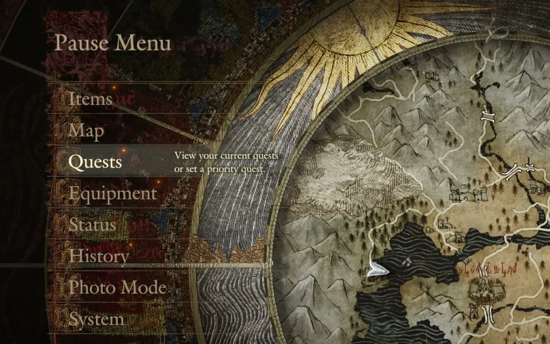 The Pause Menu with Quests highlighted and its help text View your current quests or set a priority quest