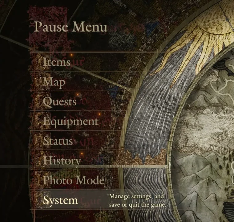 The Pause Menu with System highlighted and its help text Manage settings, and save or quit the game
