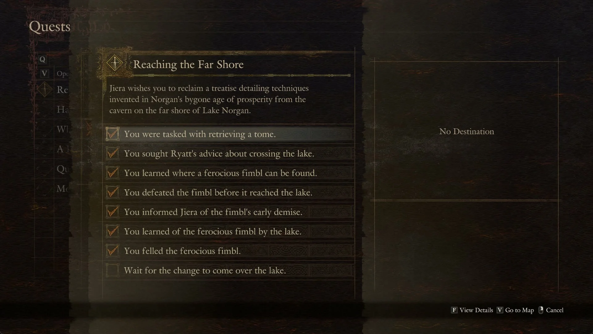 The details page of Reaching the Far Shore with a summary and ticked task lines above one unticked open line
