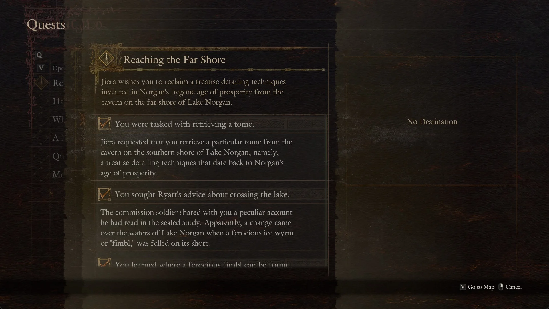 The details page with a short paragraph of text under each task line of Reaching the Far Shore