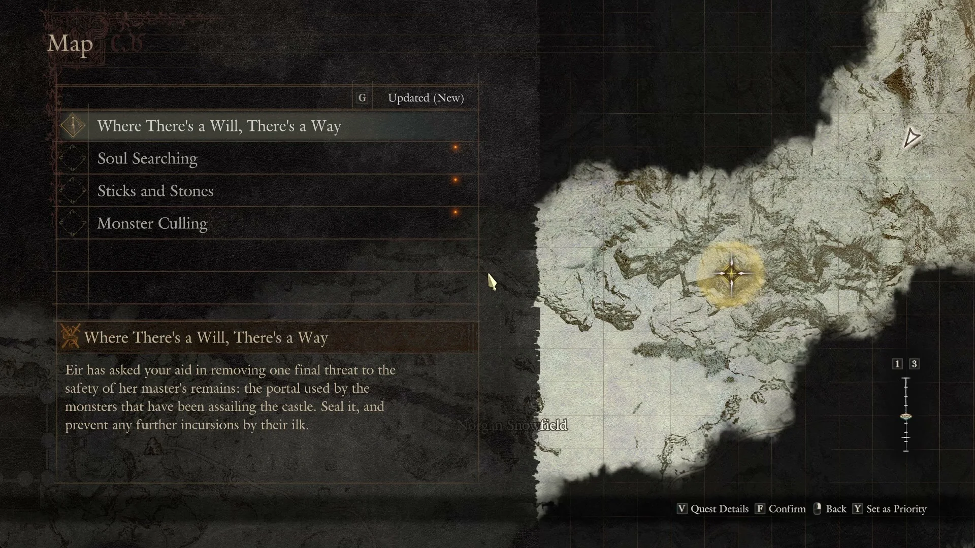 Quest List after Set as Priority, with the yellow diamond icon now beside Where There's a Will, There's a Way