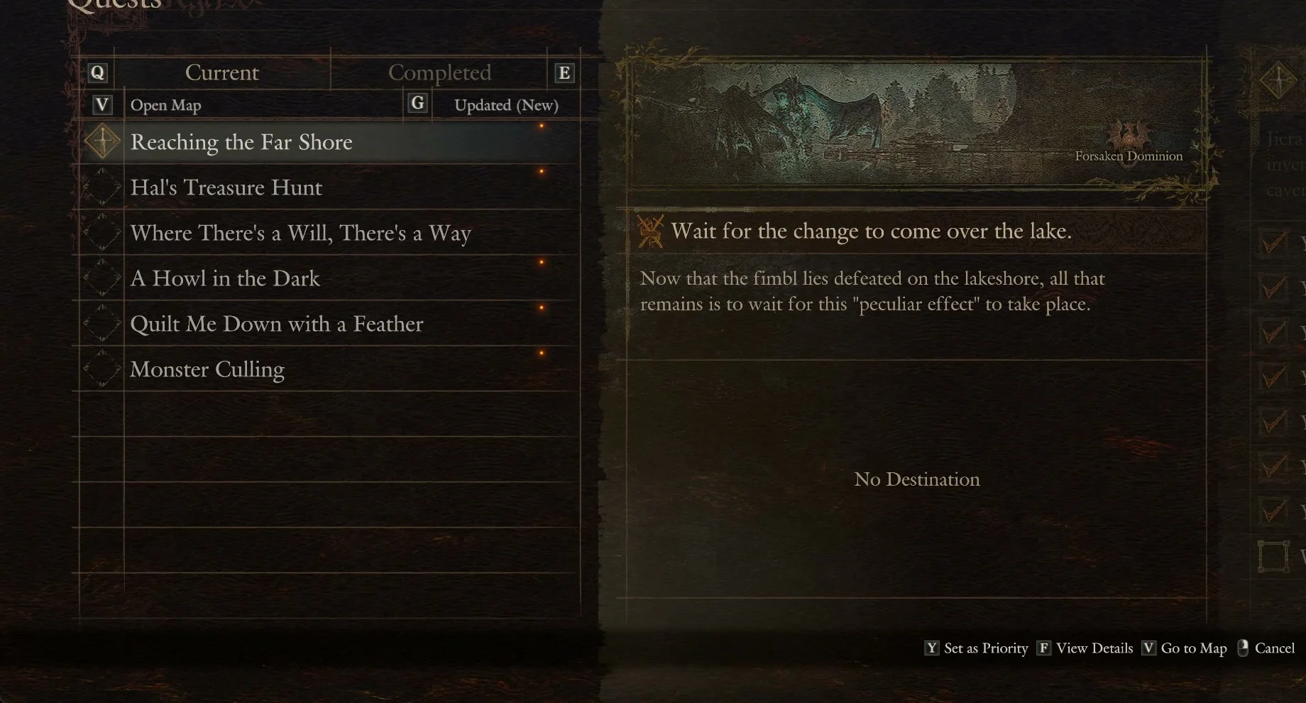 The Quests screen with Current and Completed tabs, a list of six quests with Reaching the Far Shore marked as priority, and its current task on the right
