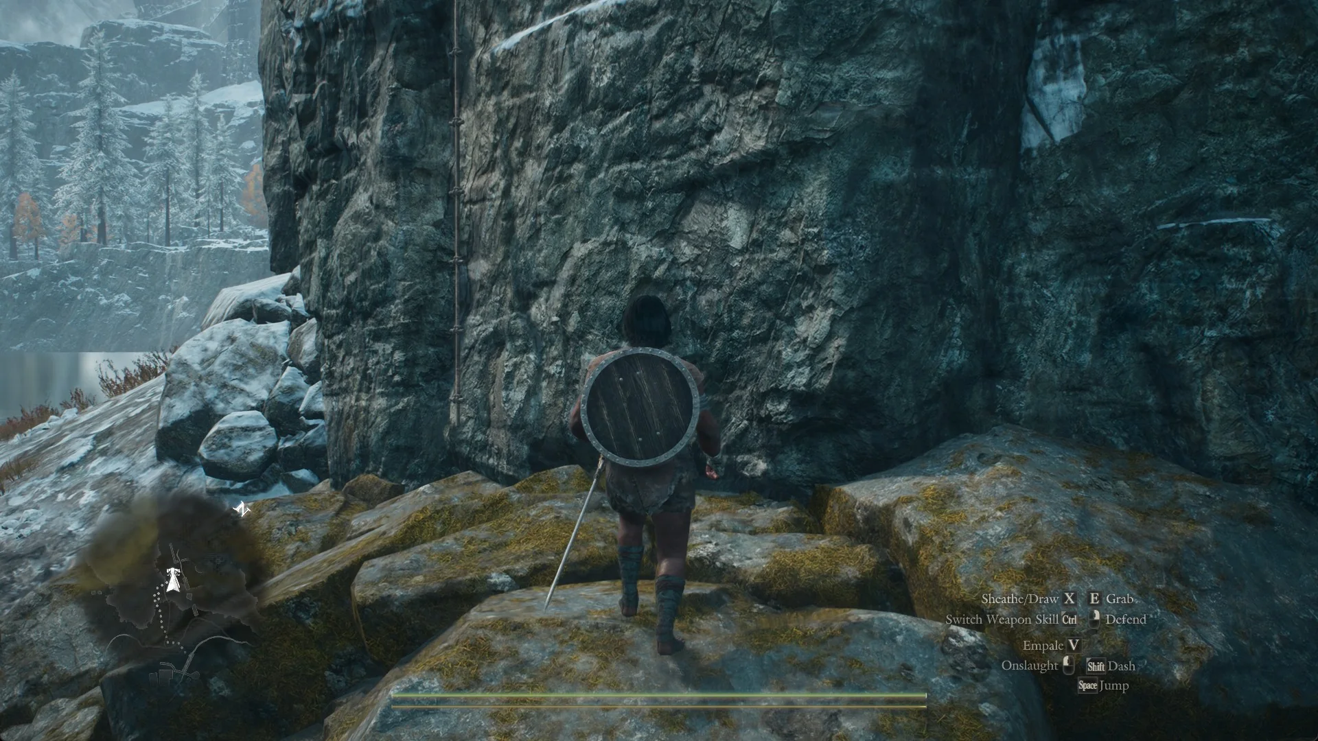 The Arisen at the foot of the shoreline cliff with the rope ladder hanging down the rock face to the left