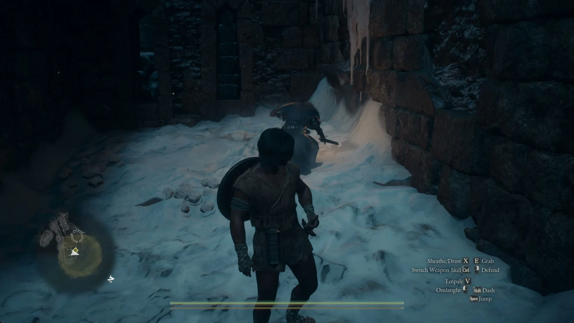 The Arisen runs across snow toward Eir, who waits in the corner of a wall hung with icicles