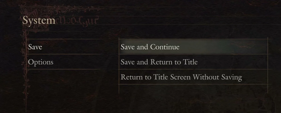 The System Save list with Save and Continue, Save and Return to Title and Return to Title Screen Without Saving all available