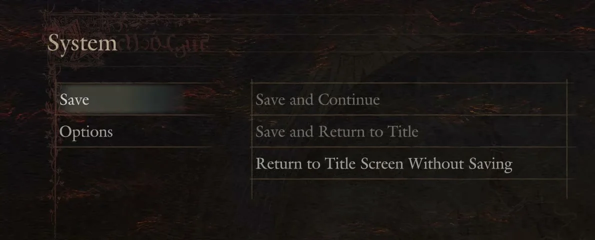 The System Save list with Save and Continue and Save and Return to Title greyed out and Return to Title Screen Without Saving still available
