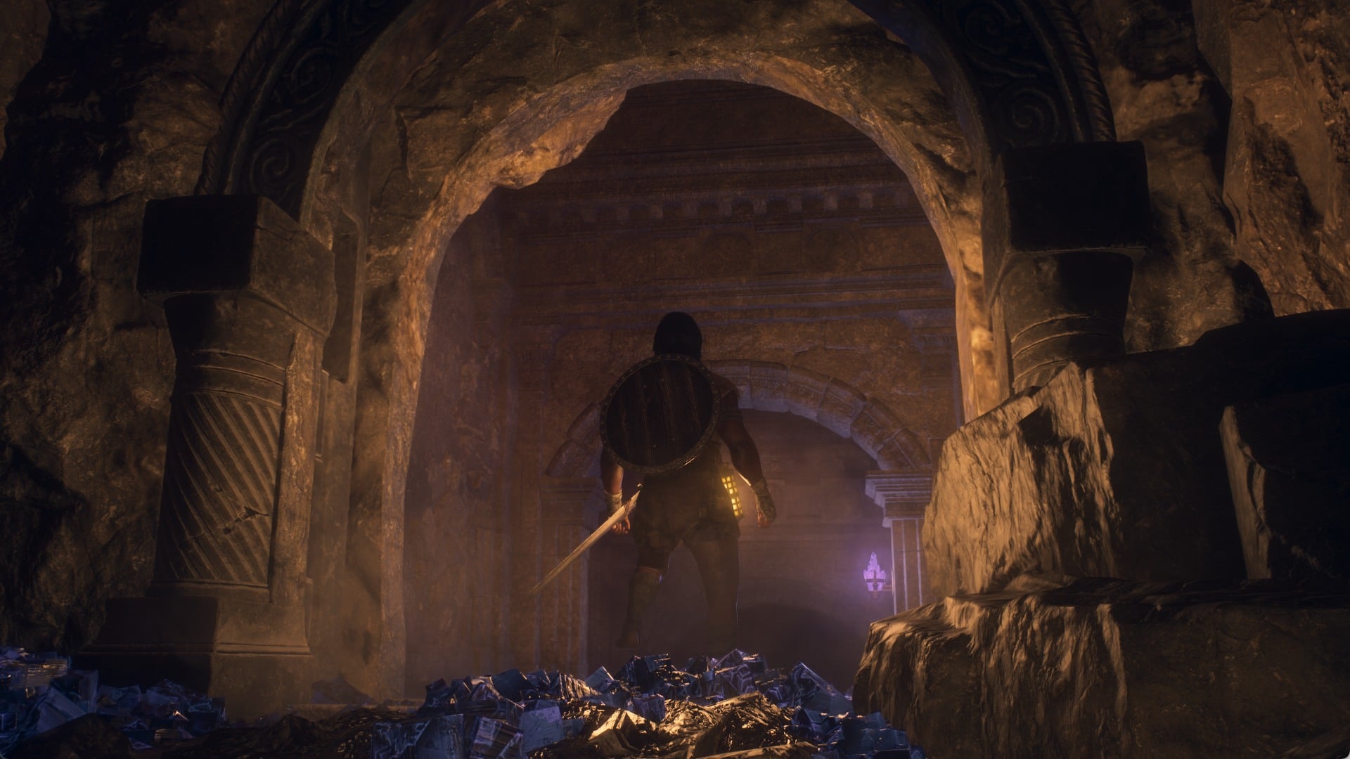 The Arisen walking through the opened stone arch into the Seafloor Sepulcher