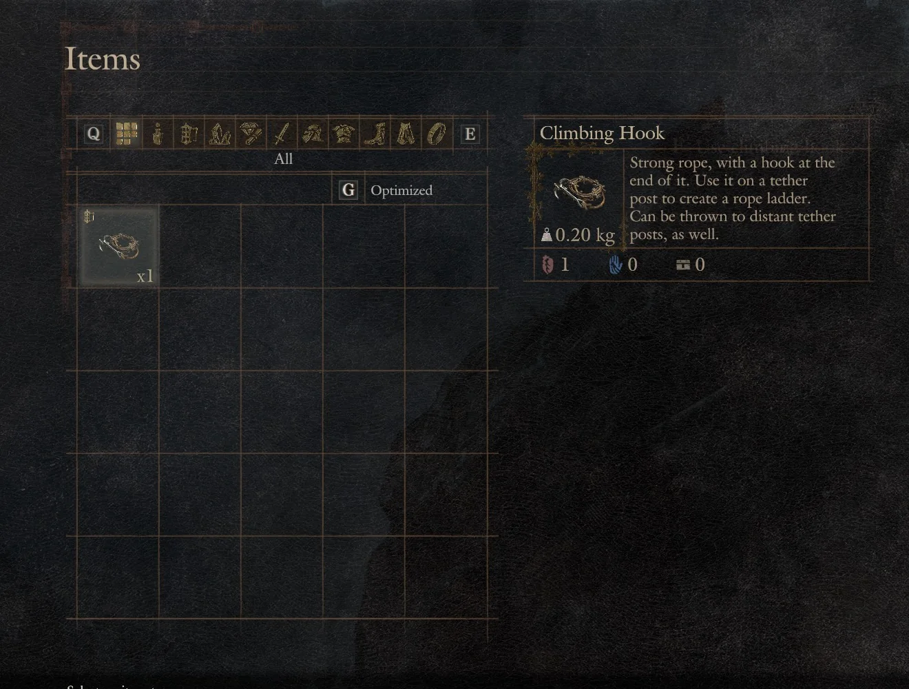 The Items window reading Select an item to use, with the Climbing Hook and its description
