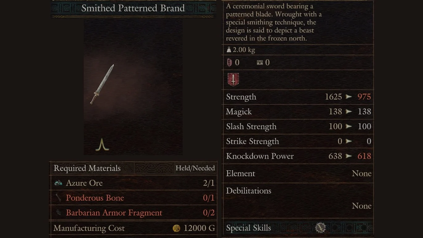 Smithed Patterned Brand selected in Hal's Workshop with its materials and stat comparison