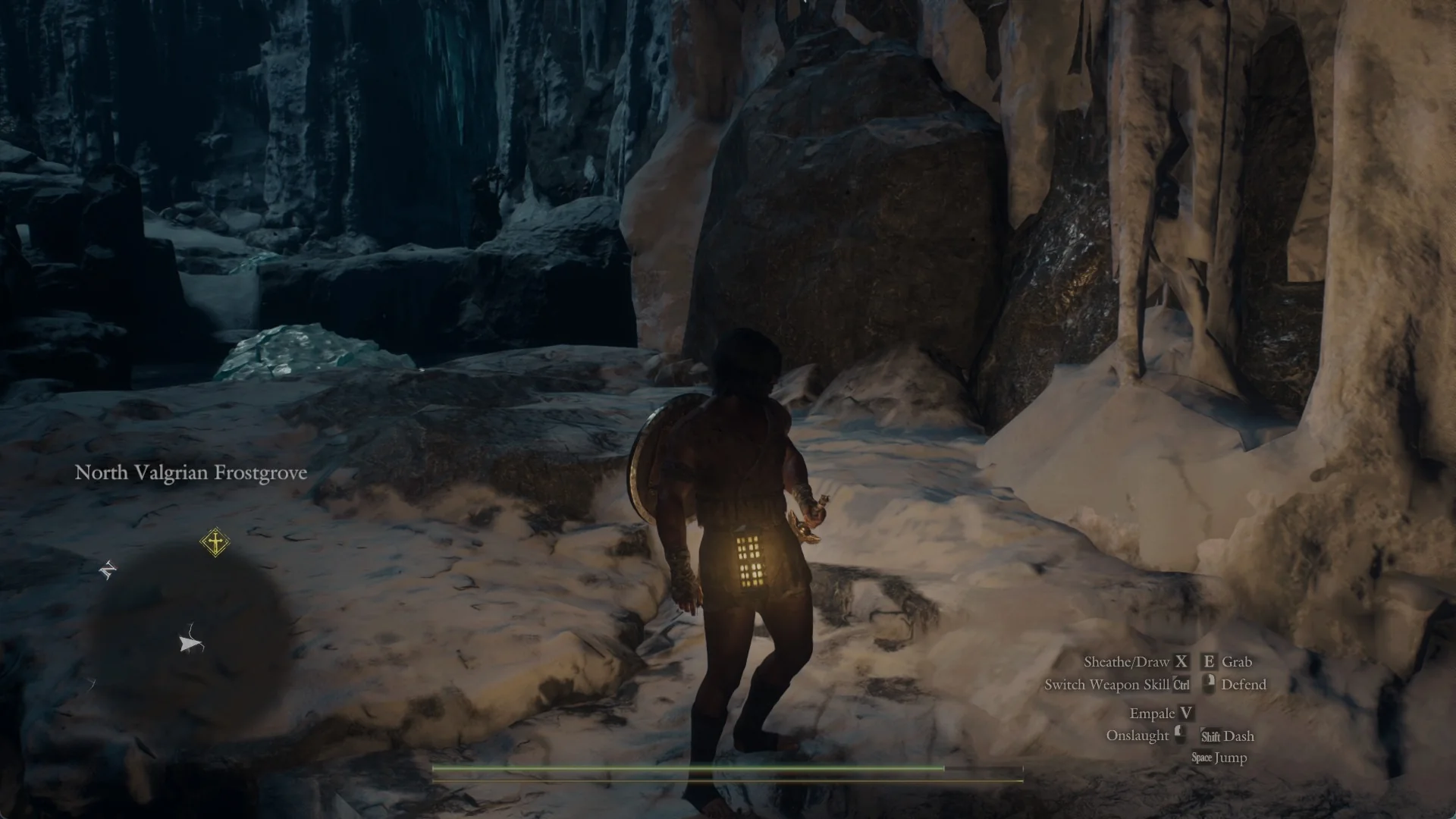 The Arisen on a snow bank among icicle columns with the area name North Valgrian Frostgrove on screen