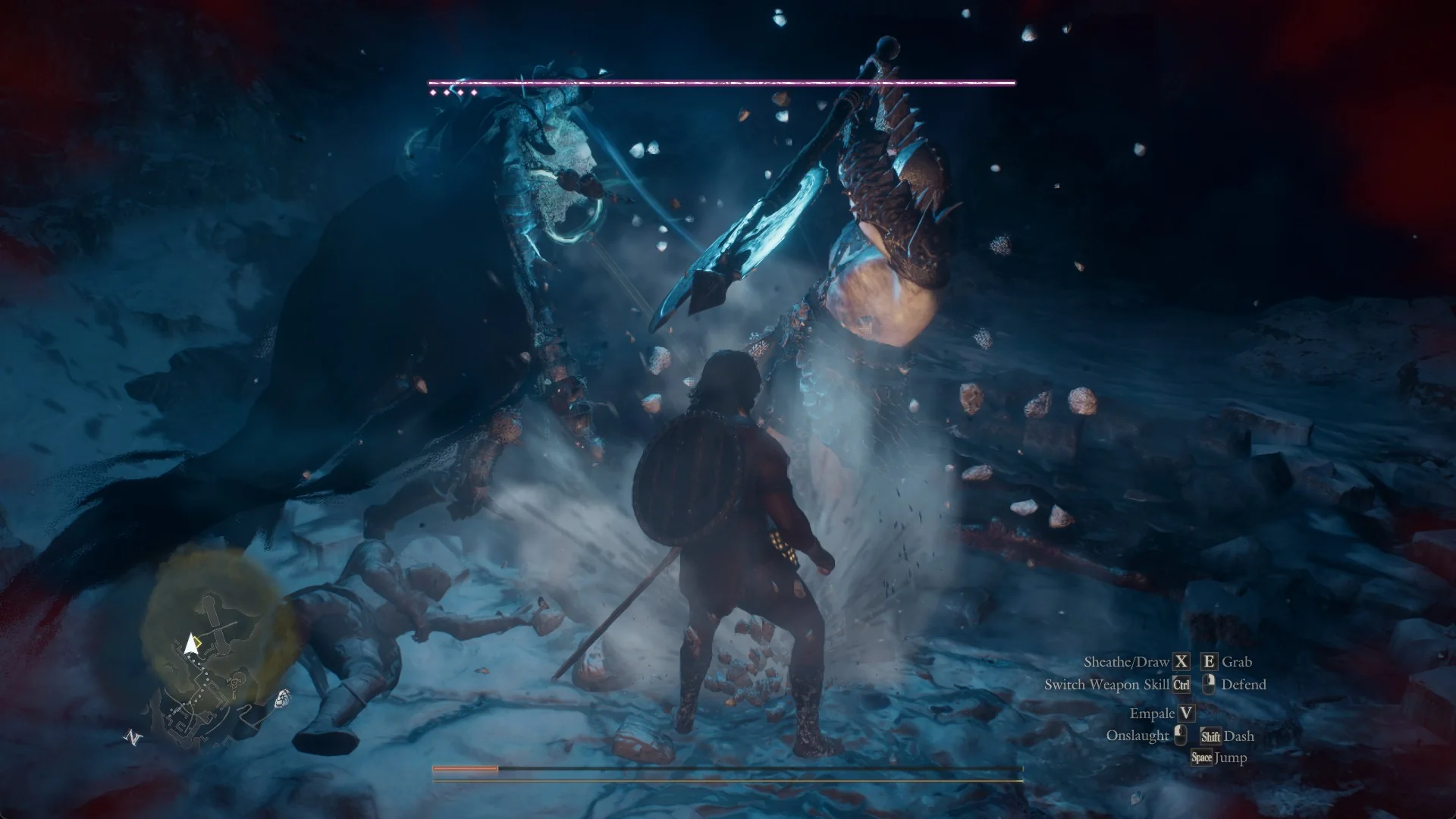 A tall cloaked spectre in pale blue light and an armoured companion with a crescent-bladed polearm facing the Arisen, a pink boss bar with pips at the top