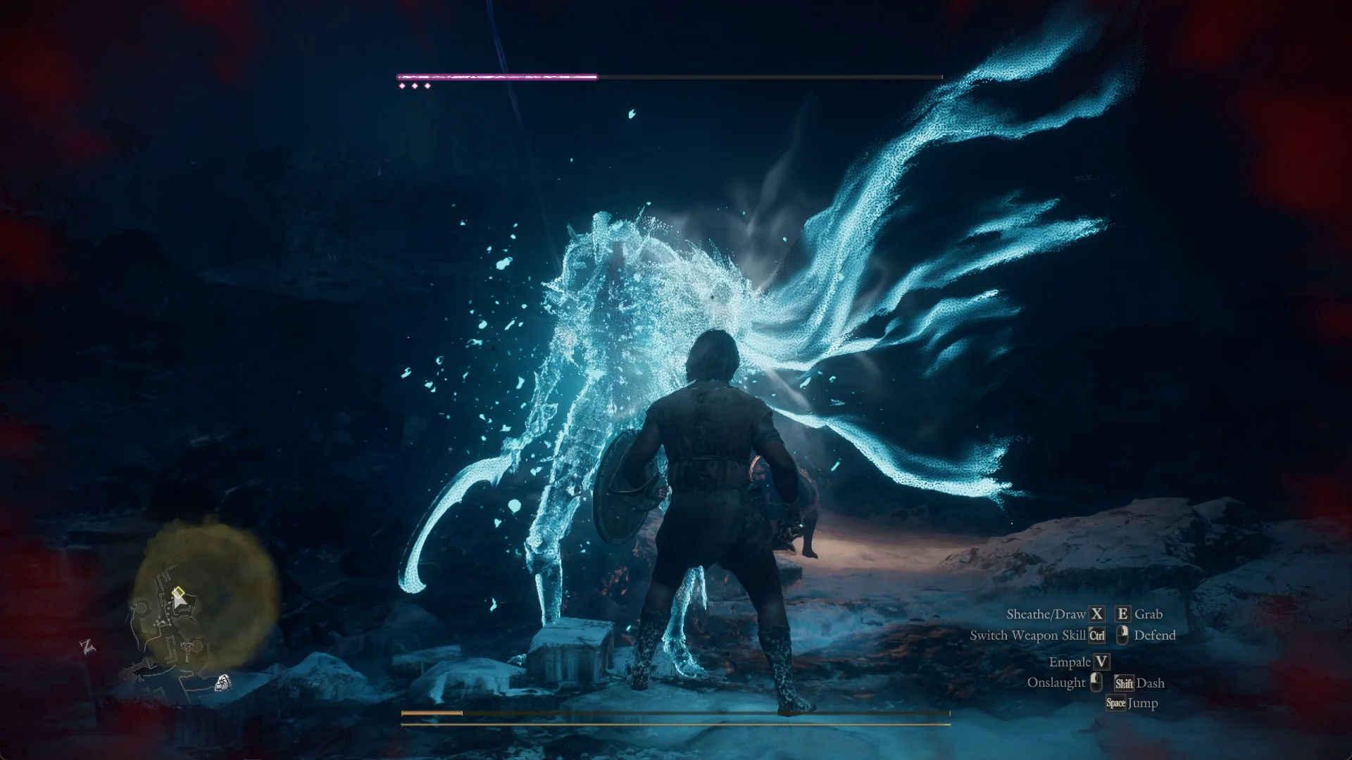 The spectre's blade sweep leaving a blue-white arc in the air in front of the Arisen at night