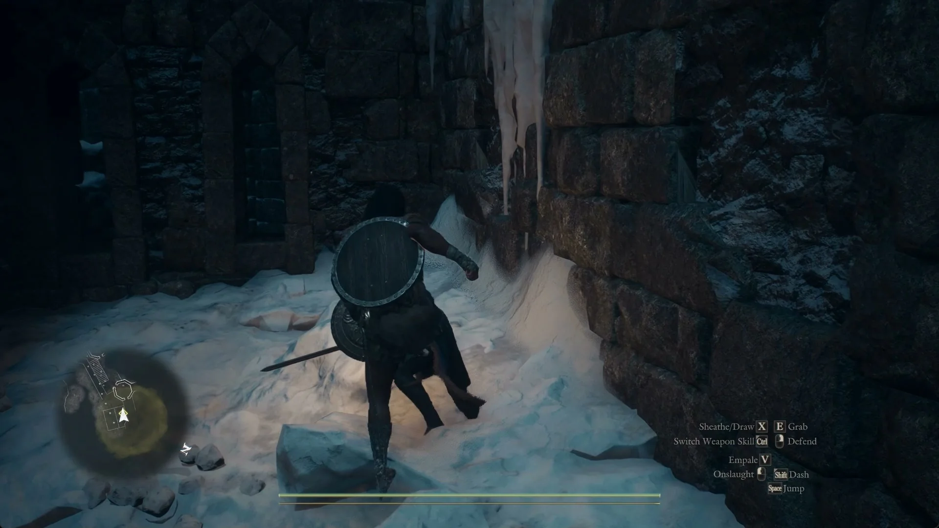 The Arisen steps onto the raised shield of Eir, who crouches in a snowy corner under icicles at the foot of a stone wall