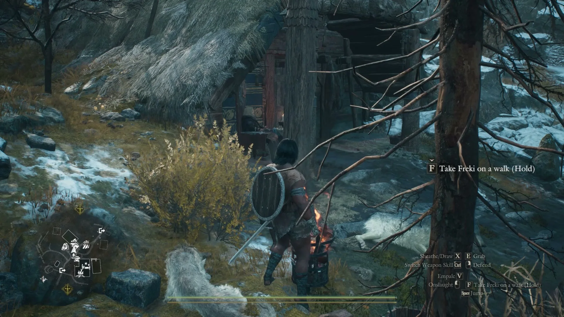 The prompt Take Freki on a walk (Hold) beside the hound in the Norgandian Settlement