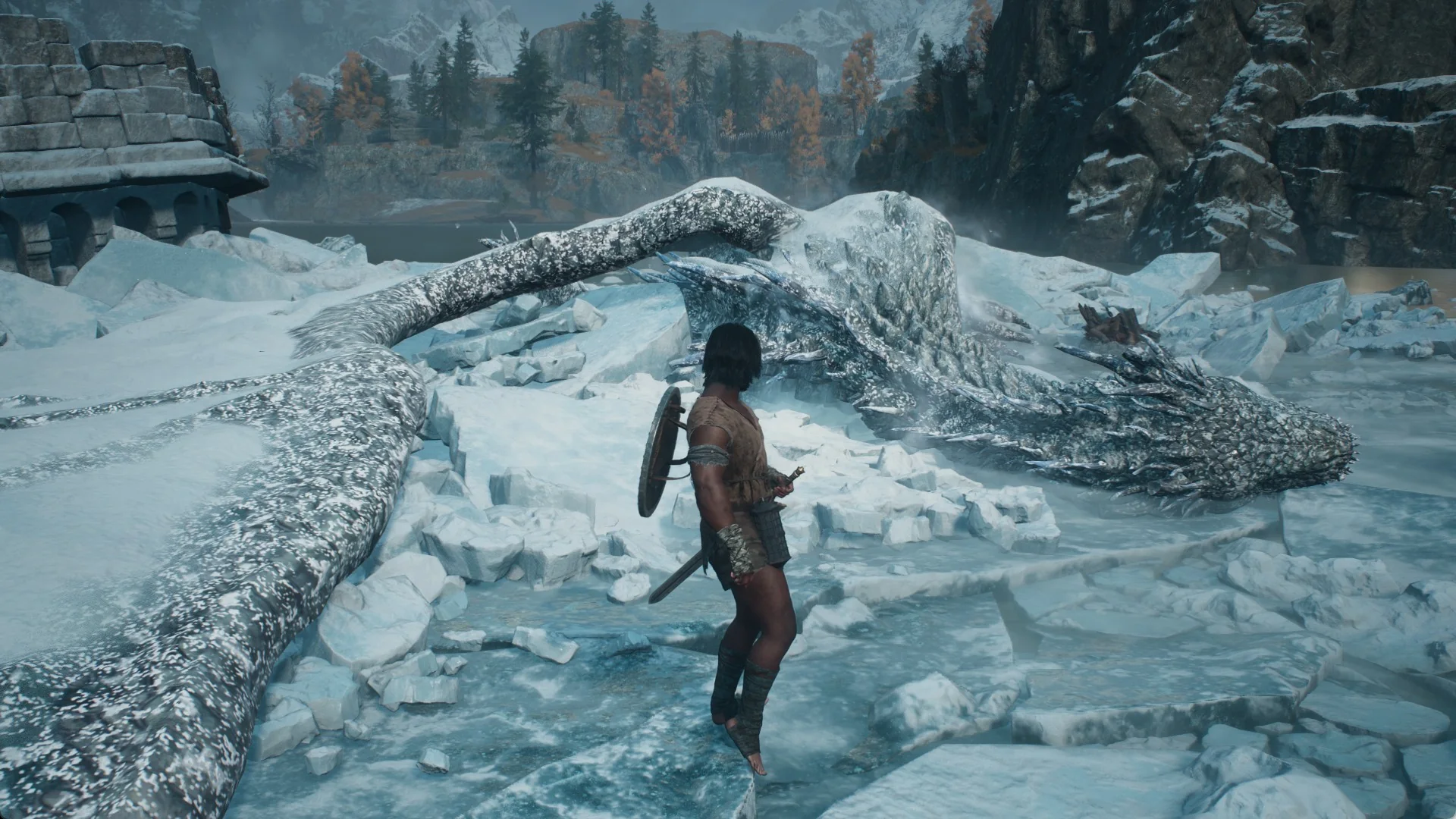 The fimbl's frozen remains lying across the ice with a long white neck arching over and rows of crystal spines
