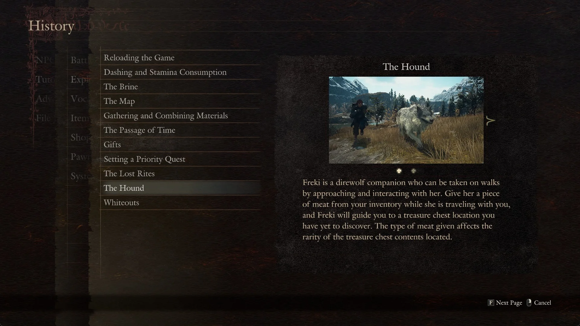The Hound tutorial page in the Tutorial Logbook with a picture of a wolf in the snow