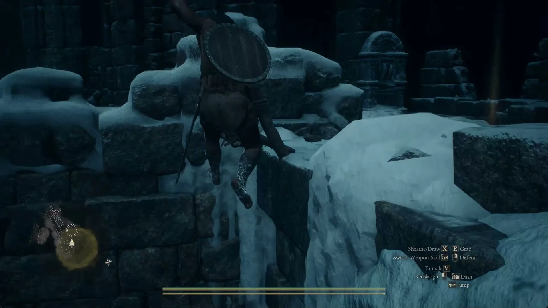 The Arisen in the air above the edge of a snow-covered battlement after Eir's throw