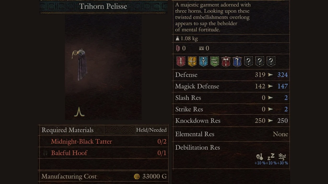 Trihorn Pelisse manufacturing screen showing required materials and defensive stat changes