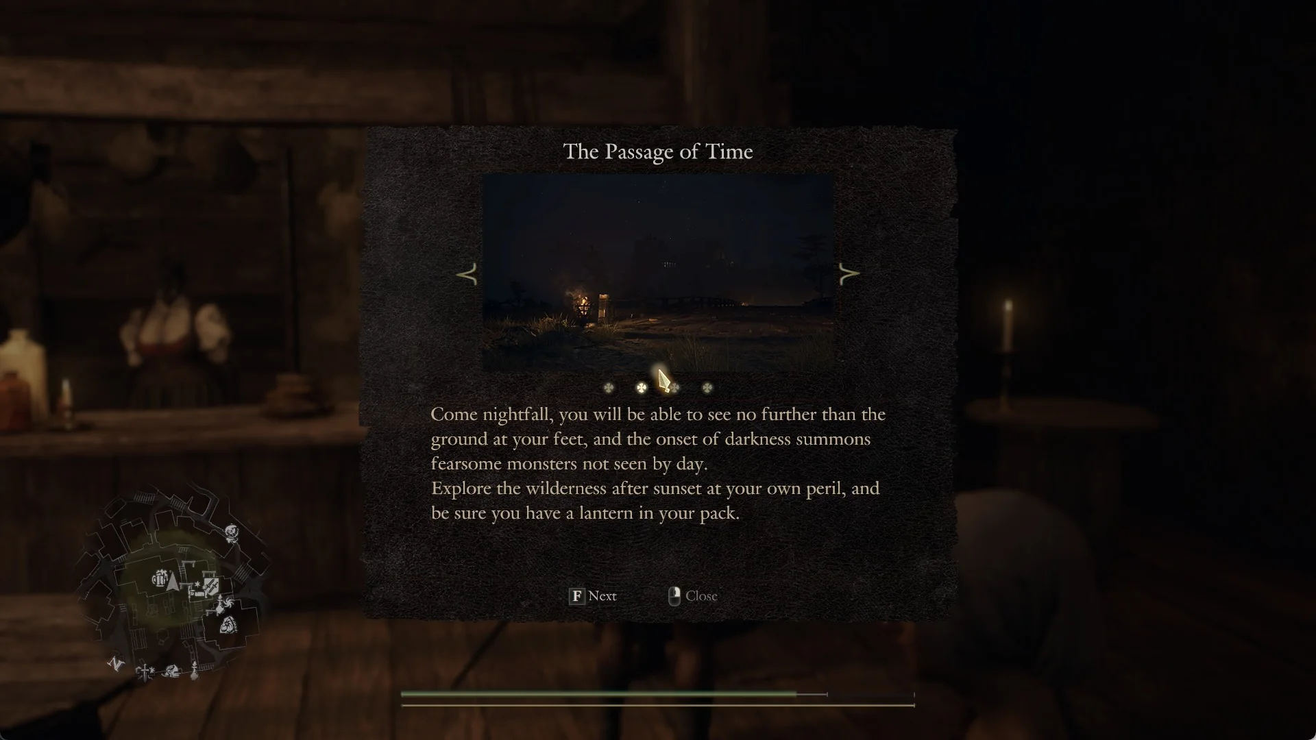 The tutorial box The Passage of Time, on its page about nightfall, monsters and carrying a lantern