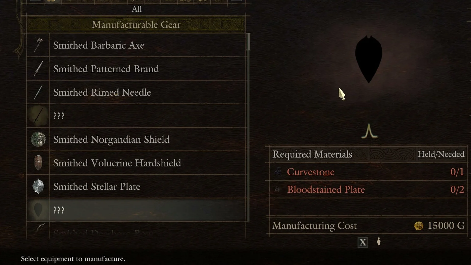 A ??? shield row selected in Hal's Workshop: black silhouette, Curvestone 0/1, Bloodstained Plate 0/2, Manufacturing Cost 15000 G