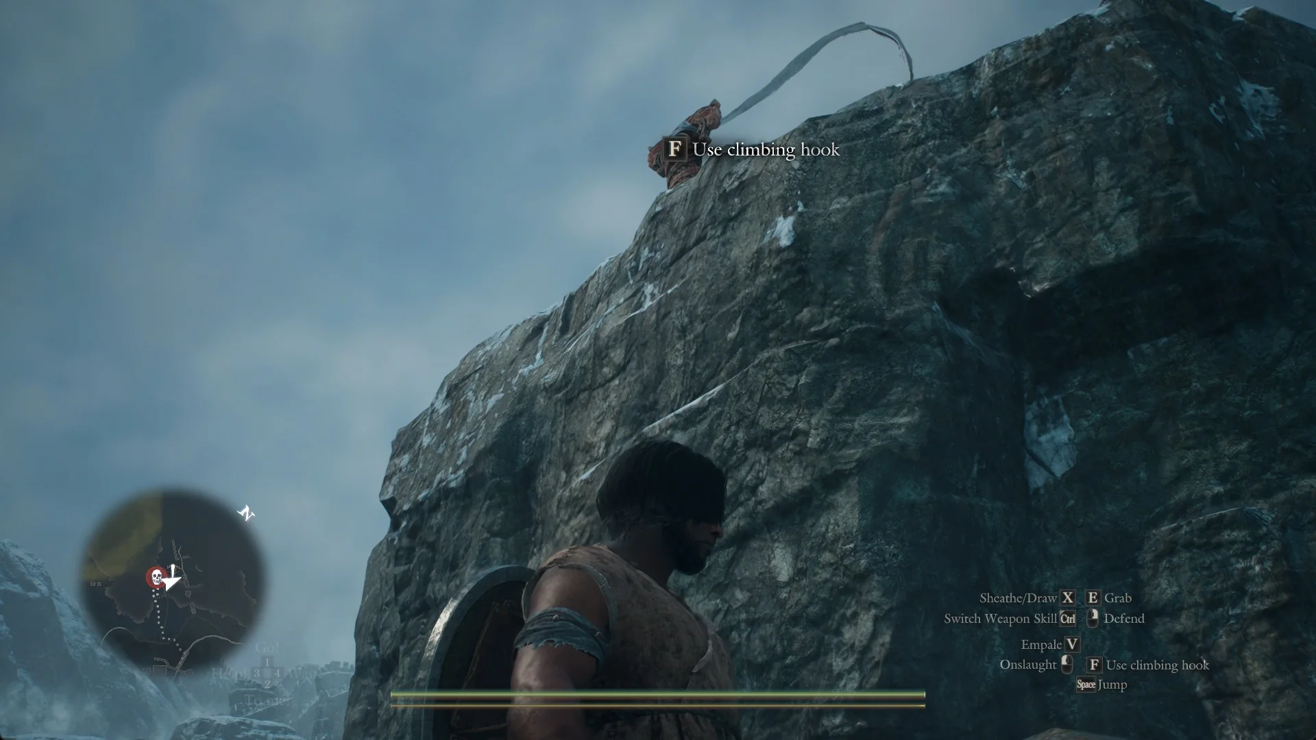 The Arisen a few metres back from the Lake Norgan cliff looking up at the carved tether post, with the F Use climbing hook prompt on the post