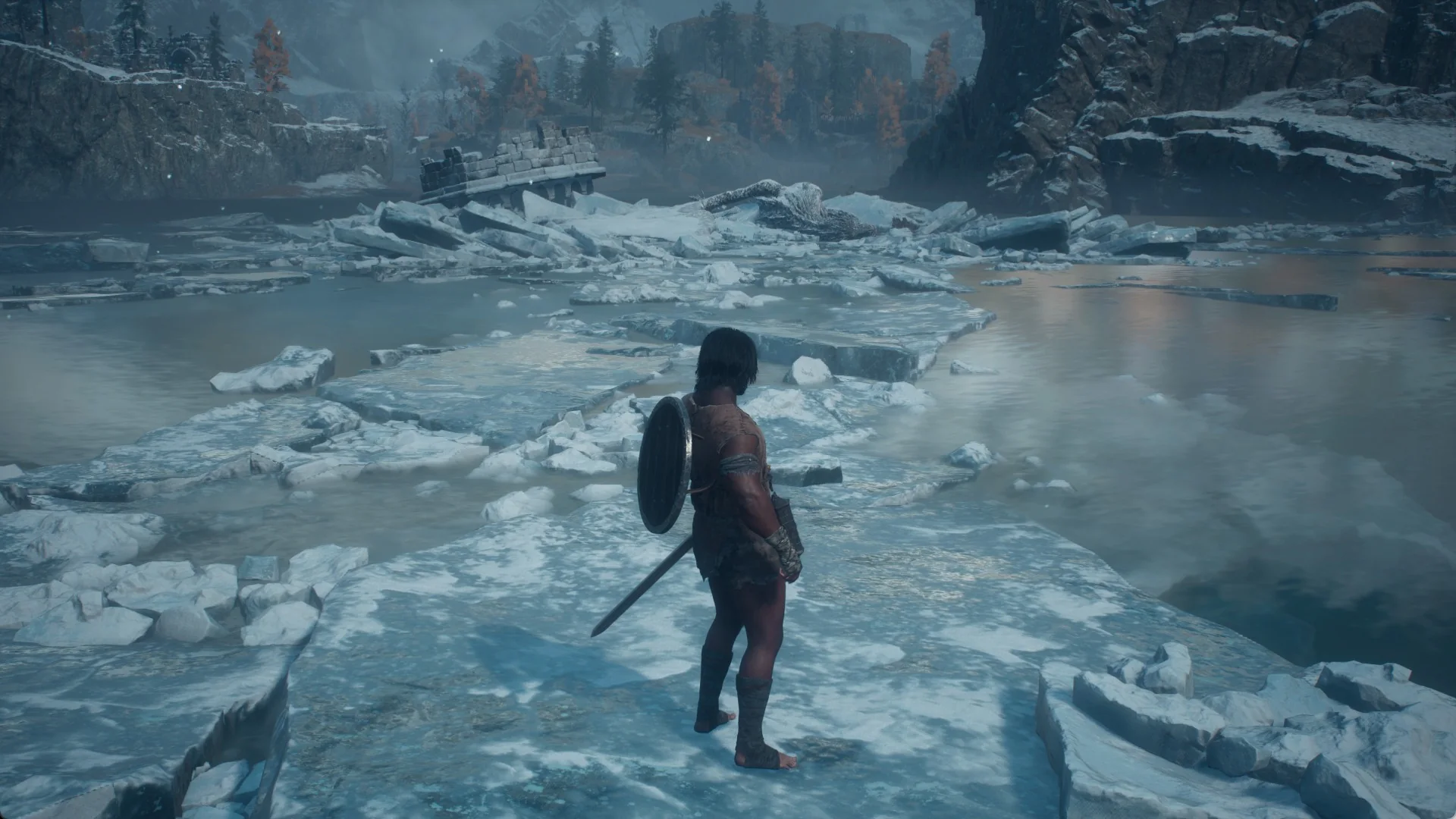 The Arisen walking east across a flat ice sheet with open water beside it and floes ahead