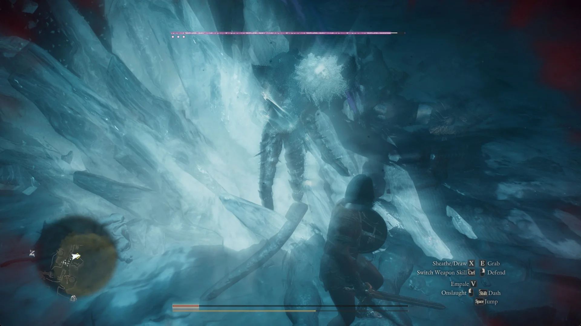 A wall of pale ice crystals bursting up around the spectre, with three pips under the boss bar