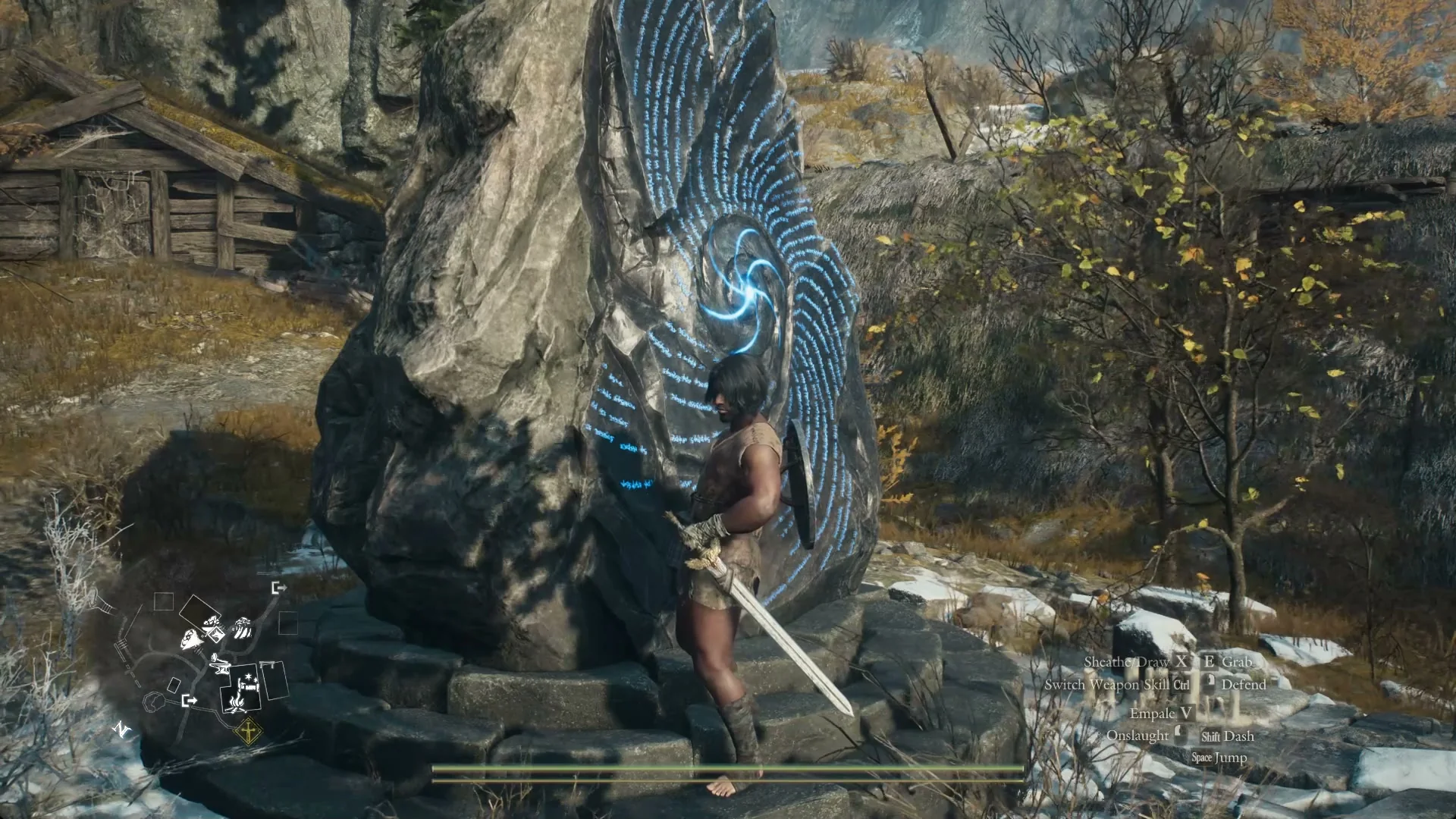 The Arisen with his sword drawn standing on the steps of the spiral-marked Grand Riftstone of Norgan, with no prompt on screen