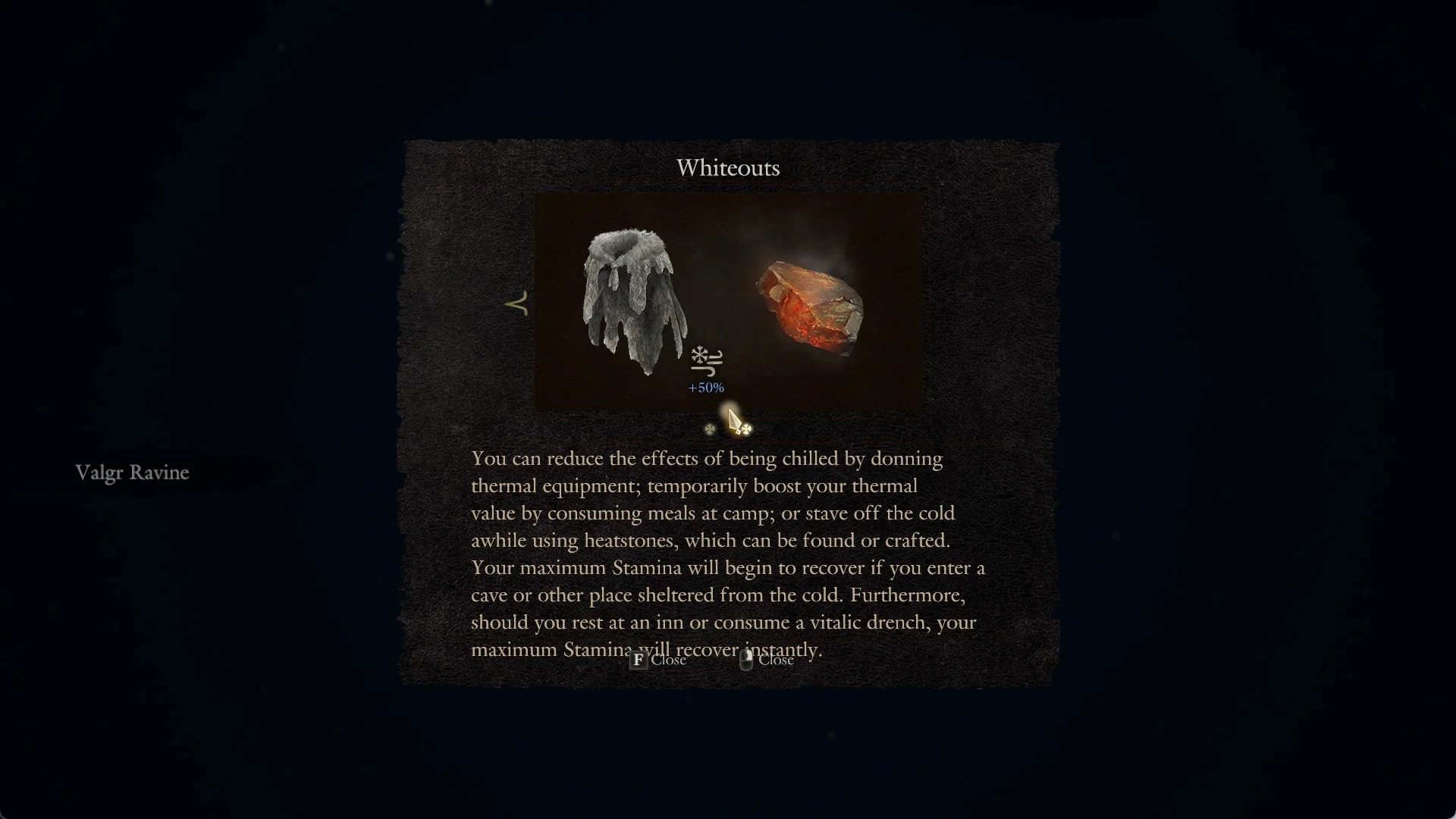 Whiteouts tutorial page with a fur cloak, a heatstone and the thermal icon at +50 %
