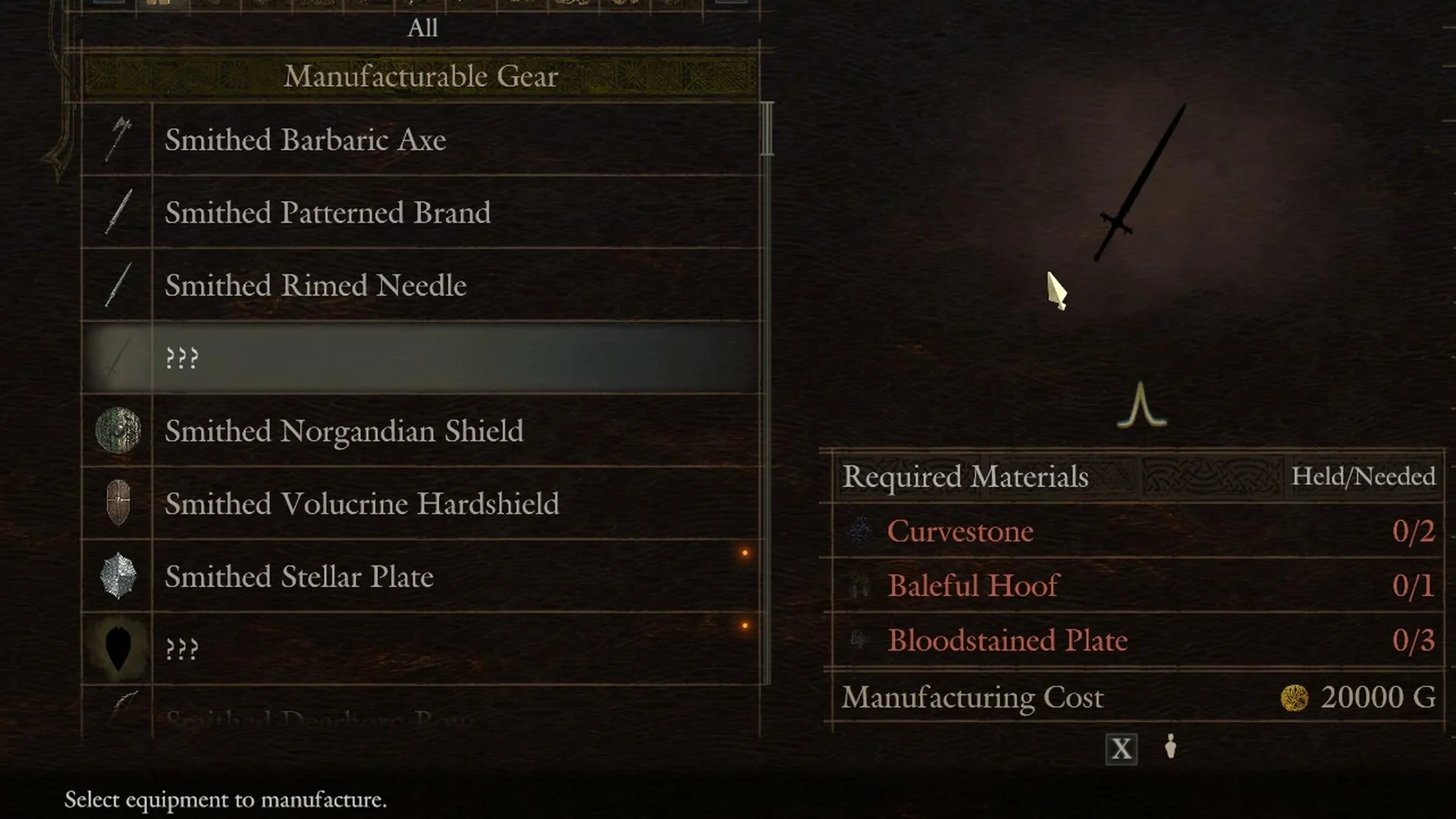 Workshop list after Village Defense with Smithed Rimed Needle and a selected ??? sword row: Curvestone 0/2, Baleful Hoof 0/1, Bloodstained Plate 0/3, 20000 G