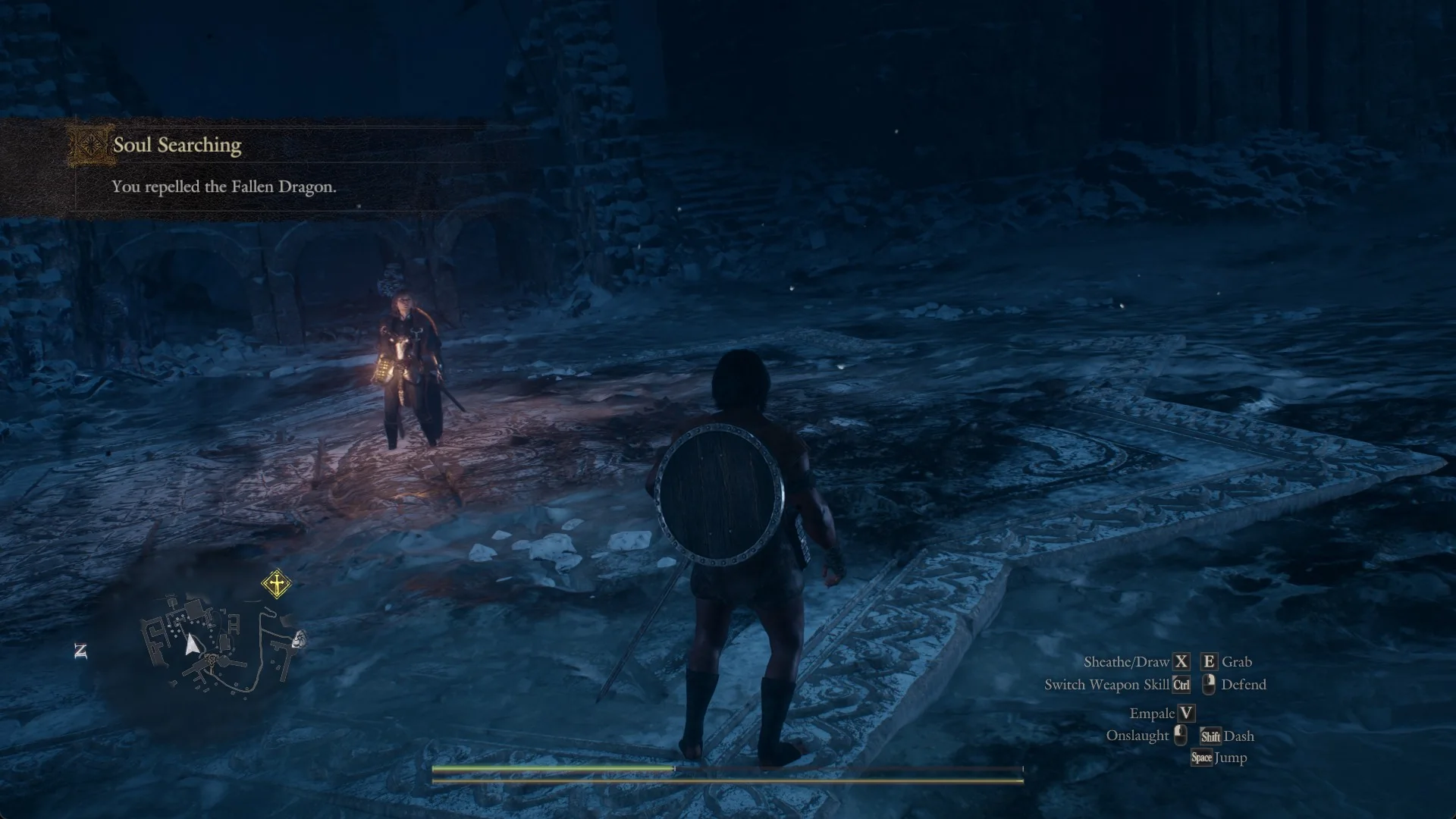 Objective Soul Searching: You repelled the Fallen Dragon, with Eir and the Arisen in the arena at night