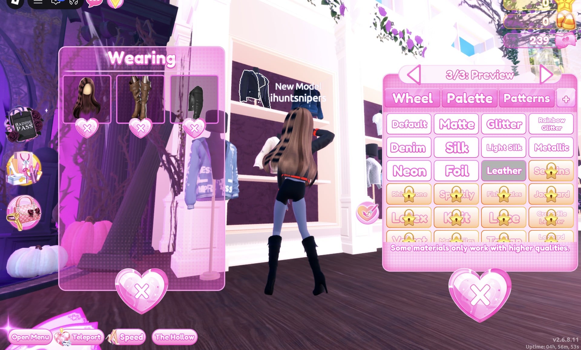 Wearing panel with the hair, boots and jacket, and the boots' 3/3: Preview part set to Leather