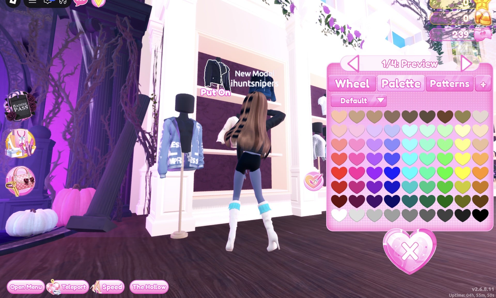 Colour panel open on the black jacket's 1/4: Preview part, with the Default palette, beside the jacket shelves