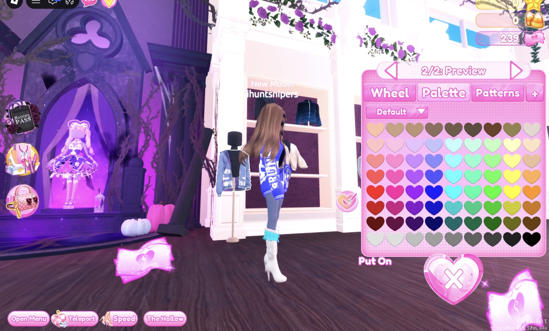 Colour panel on the hooded top's 2/2: Preview part with the Default palette, the Put On label beside the heart X