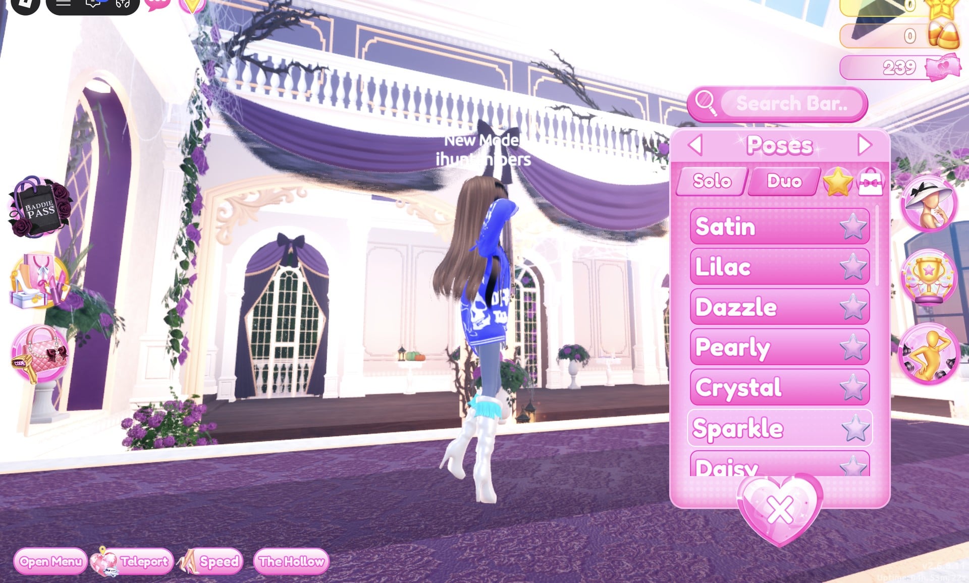 Poses panel on the Solo tab with Sparkle sixth in the list, our character in the blue hoodie on the runway