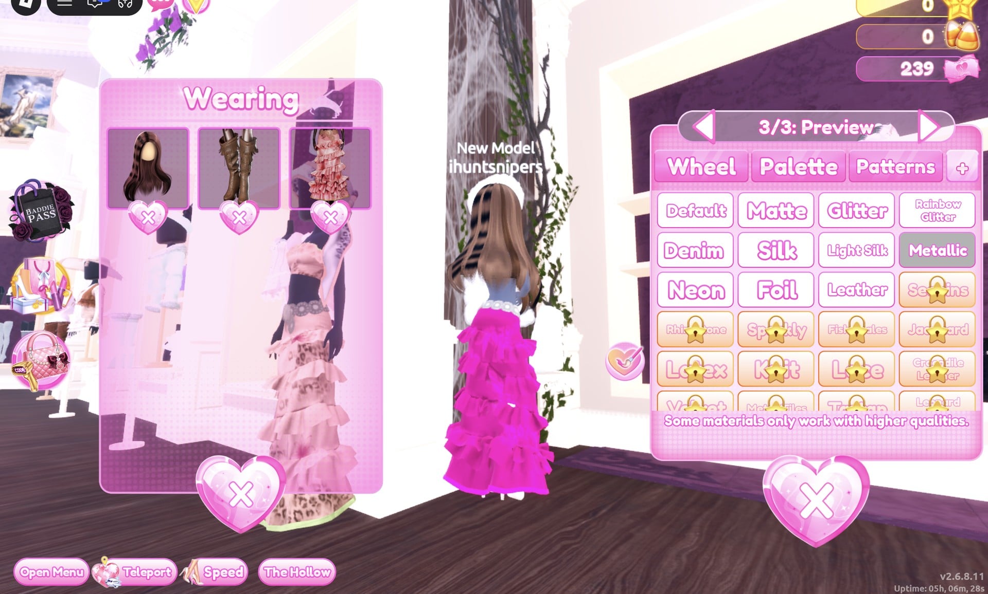 Wearing panel with the hair, boots and gown, and the boots' 3/3: Preview part with Metallic selected